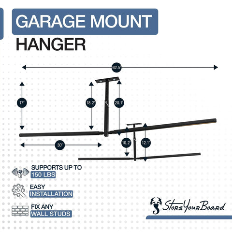 Diagram of Dope Overhead Paddleboard Hanger And Surfboard Rack For Garage Adjustable Ceiling Mount Storage For SUP And Surf Gear.
