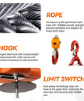 3-in-1 electric hoist winch with orange housing, steel rope, and red hook; includes limit switch