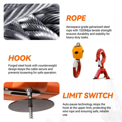 3-in-1 electric hoist winch with orange housing, steel rope, and red hook; includes limit switch