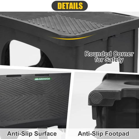 Foldable 2 Step Stool for Adults and Kids Non Slip Portable Grab And Go Stool showing anti-slip surface and safety features.