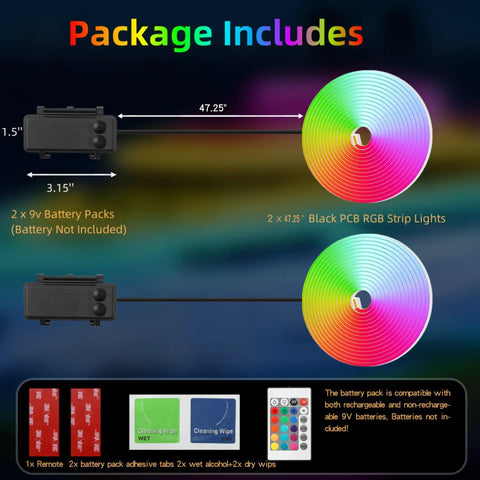 Multicolor LED Golf Cart Canopy Lights Kit With Remote, 2 Pack, 47.25 Inch Underglow Roof Lights, package contents displayed