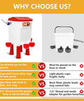 Comparison of Automatic Chicken Waterer With Float Valve designs showing spill-proof red waterer with hose over weaker model