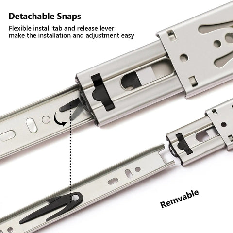 Close-up of detachable snaps on 10 Inch Drawer Slides Ball Bearing Full Extension Cabinet Slides 150 Lb Capacity steel glide.