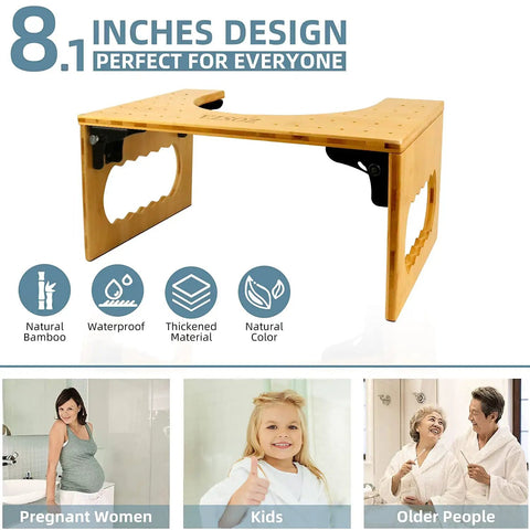 Foldable Bamboo Squatting Toilet Stool With Non Slip Mat For Adults And Kids, 8.1 Inch Height, shown with diverse users.