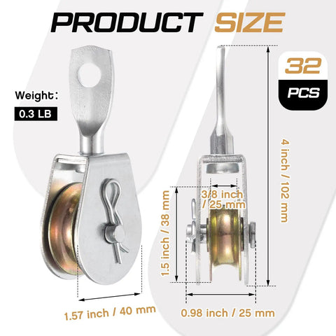 32 Pack Heavy Duty 4 Inch Single Pulley Block Wheels, Zinc Plated Iron, 360 Degree Swivel For 3 By 8 Inch Cable, Lifting Rigging And Towing, 420 Lb Working Load, Beefy DIY Gear Set size chart