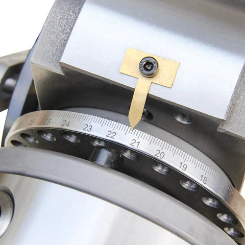 Close-up of scale on Precision 5-Inch 3-Jaw Chuck Dividing Head with MT2 Tailstock and Dividing Plates for Milling Machines.