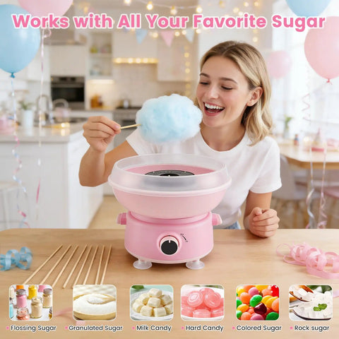 Mini 400W Cotton Candy Maker For Home Use With 10 Reusable Sticks Sugar Scoop Anti Slip Base And Detachable Splatter Guard