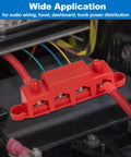 Heavy Duty 12V Bus Bar Power Distribution Block 250A Rock Solid Stainless Steel Junction Terminal Strip with red insulated wires connected.