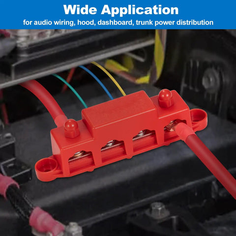 Heavy Duty 12V Bus Bar Power Distribution Block 250A Rock Solid Stainless Steel Junction Terminal Strip with red insulated wires connected.