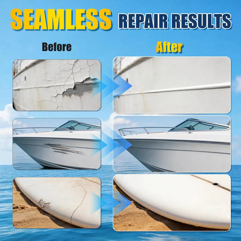 Before and after results using Boat Repair Kit For Fiberglass With Color Match Gel Coat, restoring cracked hulls seamlessly.