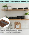 Kitchen with wooden shelves and image of Beefy Heavy Duty Floating Shelf Brackets Set 0.2 Inch Thick Industrial Black Steel L Brackets.