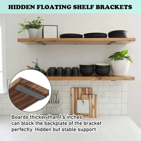 Heavy Duty 8 Inch Black L Shaped Shelf Brackets Set Of 6 Built Tough Hidden Steel Hardware installed in kitchen