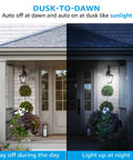 Outdoor Dusk To Dawn A19 LED Light Bulbs With Photocell Sensor, split image showing off during day and on at night on porch lighting