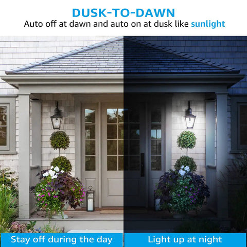 Outdoor Dusk To Dawn A19 LED Light Bulbs With Photocell Sensor, split image showing off during day and on at night on porch lighting