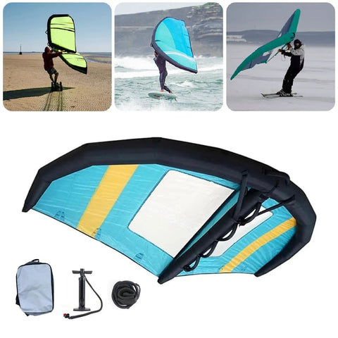 Inflatable Surf Wing With Pump For Wing Foil And Paddle Board, green and black wing with accessories, outdoor water adventure gear