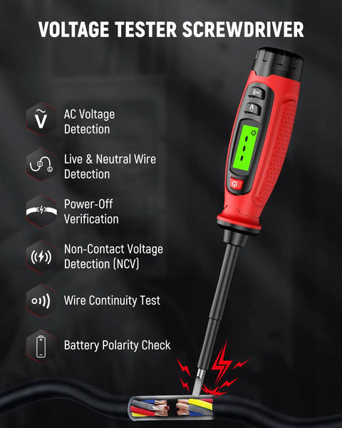 2-In-1 Voltage Tester Screwdriver With Non Contact Detector Pen, 3-500V AC Range, LCD Display, Live Wire Finder, Magnetic Slotted Tip, Continuity Test For Outlets And Circuits, Great For DIY Electricians. Red voltage tester screwdriver with LCD screen and wire test icons