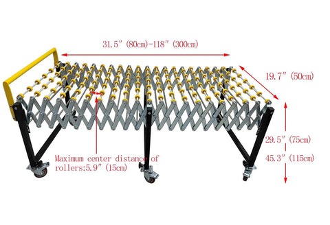 Unpowered Portable Flexible Conveyor Expandable From 31.5 to 118 Inches With Height Adjustable 29.5 to 45.3 Inches, Roller Table Style