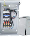 3-phase magnetic motor starter in grey metal NEMA 3R enclosure with terminal blocks and wiring