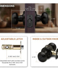 Matte Black Passage Interior Door Knob Set Heavy Duty Easy Install Reversible For Bedroom Bathroom And Closets ANSI Grade 3 Certified 6 Pack No Locking Mechanism For Easy Access shown in close-up with dimensions and latch details
