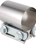 Close-up of a Four Pack 2.5 Inch Stainless Steel Butt Joint Exhaust Clamp Band Sleeve Built Tough Premium Durable Auto Exhaust Clamp