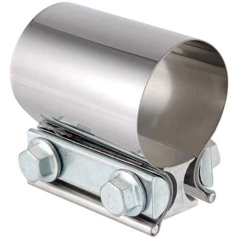 Close-up of a Four Pack 2.5 Inch Stainless Steel Butt Joint Exhaust Clamp Band Sleeve Built Tough Premium Durable Auto Exhaust Clamp