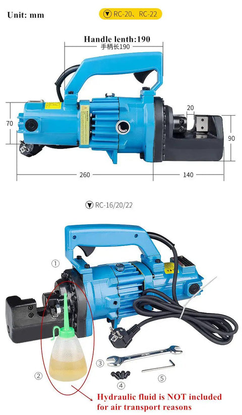 Portable Hydraulic Rebar Cutter 4-20mm Electric Steel Rope Cutting Tool shown with dimensions and accessories