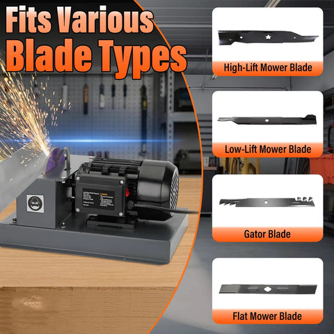 Rock Solid Lawn Mower Blade Sharpener Bench Grinder Featuring 500 Watt Motor And 7 Inch Wheel For No Sweat Garden Tool Maintenance and Super Sweet Fast Blade Tuning sharpening various mower blade types with sparks.