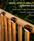 Solar Deck Lights Outdoor 16 Pack Lit Warm White LED Step Lights on wooden railing for stairs, fence, yard, or driveway.