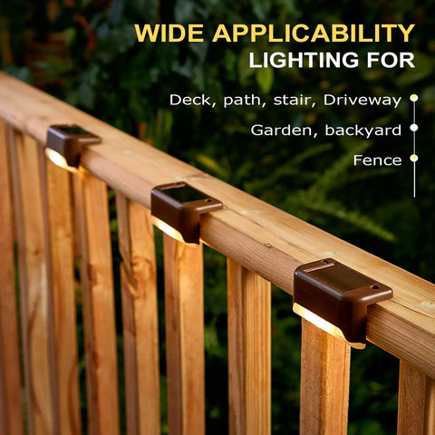 Solar Deck Lights Outdoor 16 Pack Lit Warm White LED Step Lights on wooden railing for stairs, fence, yard, or driveway.
