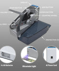 Slick Handheld Money Counter With Ultraviolet And Magnetic Detection For Fast Paced Cash Crunching, showing  bill feed, display, and buttons.