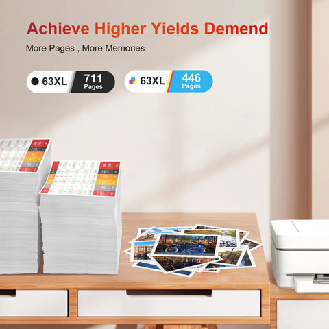 63XL Ink Cartridges 3 Pack Black And Color Replacement For 63 And 63XL Ink Cartridge showing yield chart and printed photos.