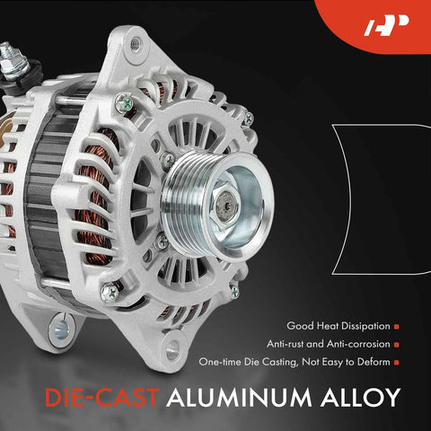 Close-up of a Rugged 150 Amp Alternator Replacement For Nissan Murano 2016, Pathfinder 2017 2020, with die-cast aluminum alloy body