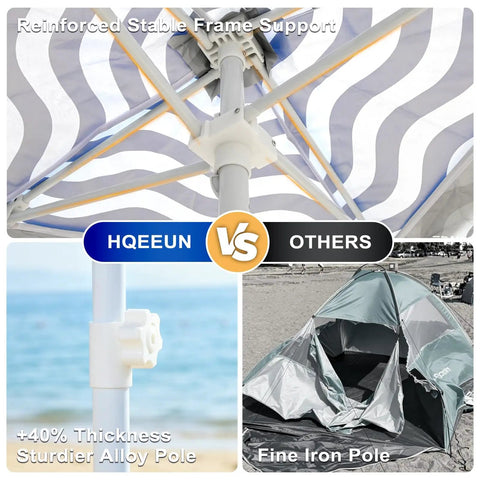 Beach Cabana Sun Shade Tent 8x8 Ft Portable Canopy With UPF 50 Plus Silver Coated Fabric showing frame support comparison.