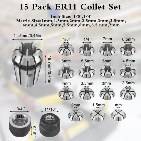 Pro Grade Complete 19 Piece Spring Collet Set With M14 Threaded Clamping Nuts for CNC Engraving, Milling Lathe Tools, ER11 Precision Collets