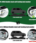 Illustration comparing 3.5 Inch Exhaust Clamp For Butt Joint Pipes with and without double stack self-locking washers showing results.
