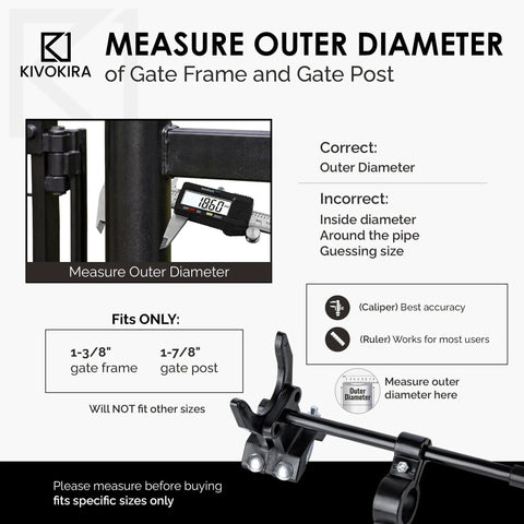Pool Gate Latch for Chain Link Fences, Kid Proof Gate Lock, Heavy Duty Safety Latch With High Reach Release Keeps Lil Ones Out of the Pool, Fits 1-3 8 Inch Gate Frame and 1-7 8 Inch Gate Post Not For 1-5 8 Inch Frames measurement guide with caliper