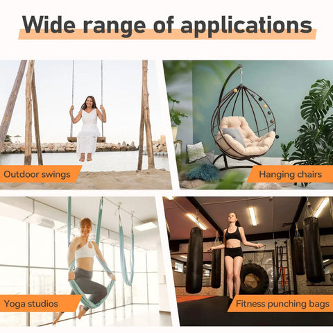 Collage of diverse applications for eye bolts: outdoor swings, hanging chairs, yoga studios, and fitness punching bags.