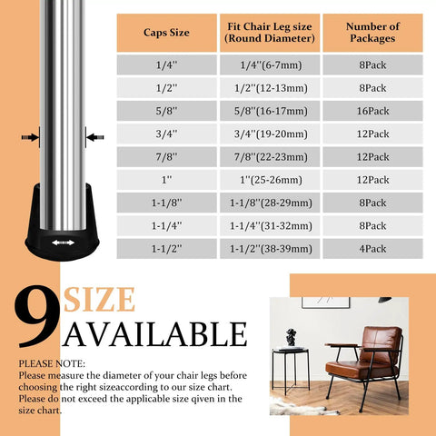 Kick Your Workstation Vibe Up With These Premium Round Rubber Chair Leg Tips And Heavy Duty Floor Guard Caps size chart showing 9 sizes available.