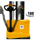 Fully Electric Thin Leg Pallet Stacker With 130 Inch Height Capacity And 3307 Pound Payload featuring 180-degree rotating handle for easy maneuvering.
