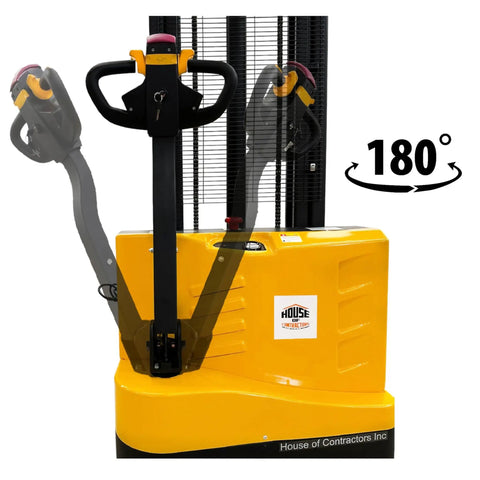Fully Electric Thin Leg Pallet Stacker With 130 Inch Height Capacity And 3307 Pound Payload featuring 180-degree rotating handle for easy maneuvering.