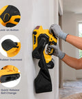 Badass Cordless Brushless Belt Sander With Six Variable Speed Settings and Raw Grip in use, showing lock-on button and rubber overmold.