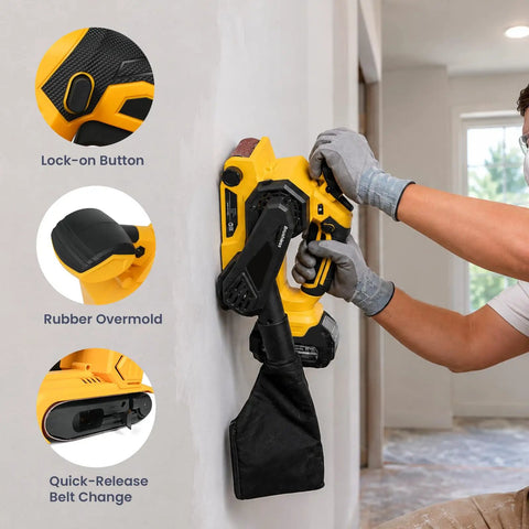 Badass Cordless Brushless Belt Sander With Six Variable Speed Settings and Raw Grip in use, showing lock-on button and rubber overmold.