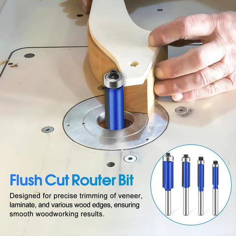 Top Shelf 4 Piece Carbide Router Bit Set With Top Bearing Flush Trim Design used for trimming laminate on woodworking machine.
