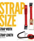 Heavy Duty Red Flat Hook Ratchet Straps Come In A 30 Foot Four Pack with size details including 2 inch width and 30 foot length.