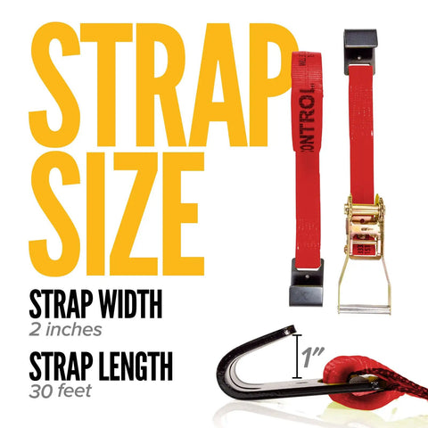 Heavy Duty Red Flat Hook Ratchet Straps Come In A 30 Foot Four Pack with size details including 2 inch width and 30 foot length.