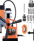 Magnetic Drill Press Portable With Adjustable Speed For Metal Work Surfaces, accessories and handles included, compact orange design.