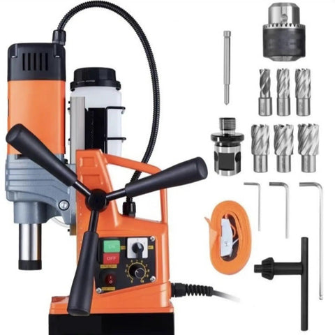 Magnetic Drill Press Portable With Adjustable Speed For Metal Work Surfaces, accessories and handles included, compact orange design.