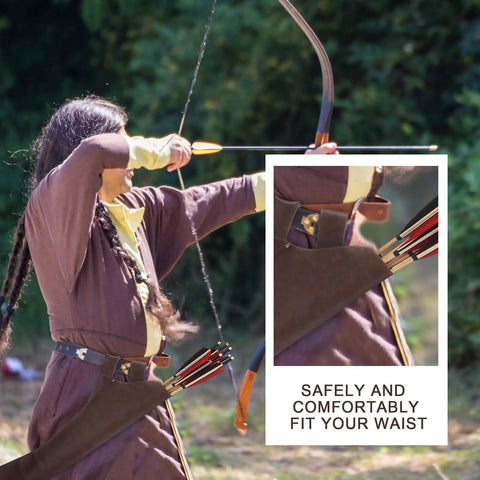Archer using Leather Hip Quiver For Arrows On The Go Archery Pouch One Hand Draw Waist Mounted Arrow Holder For Hunting