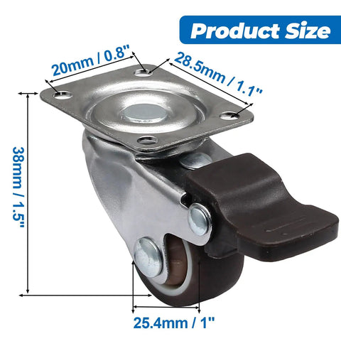 Ultra Low Profile One Inch Swivel Caster Wheels With Dead Quiet TPR Rubber Smooth Floor Friendly Ride No Hassle Mounting For Beds And Cabinets Slick Four Pack, showing size dimensions.