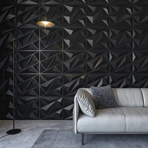 Black Diamond PVC 3D Wall Panel Set For Interior Decor Large 19 7 By 19 7 Inch Textured Diamond Panels in modern living room